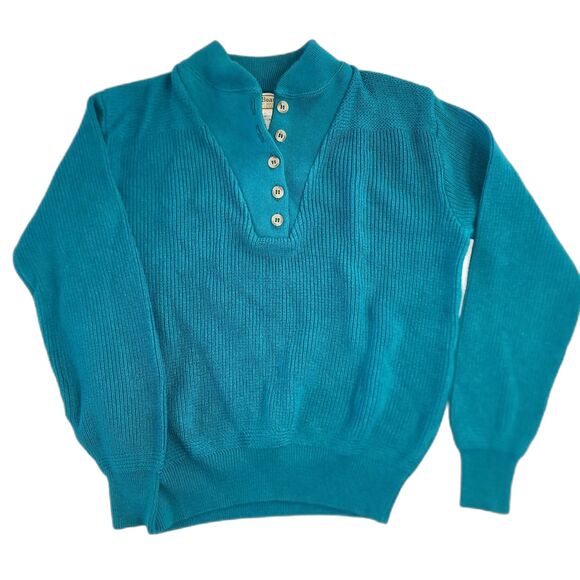 Vintage L.L. Bean Green 100% Cotton Quarter Button Henley Knit Sweater Sz M - Picture 1 of 7